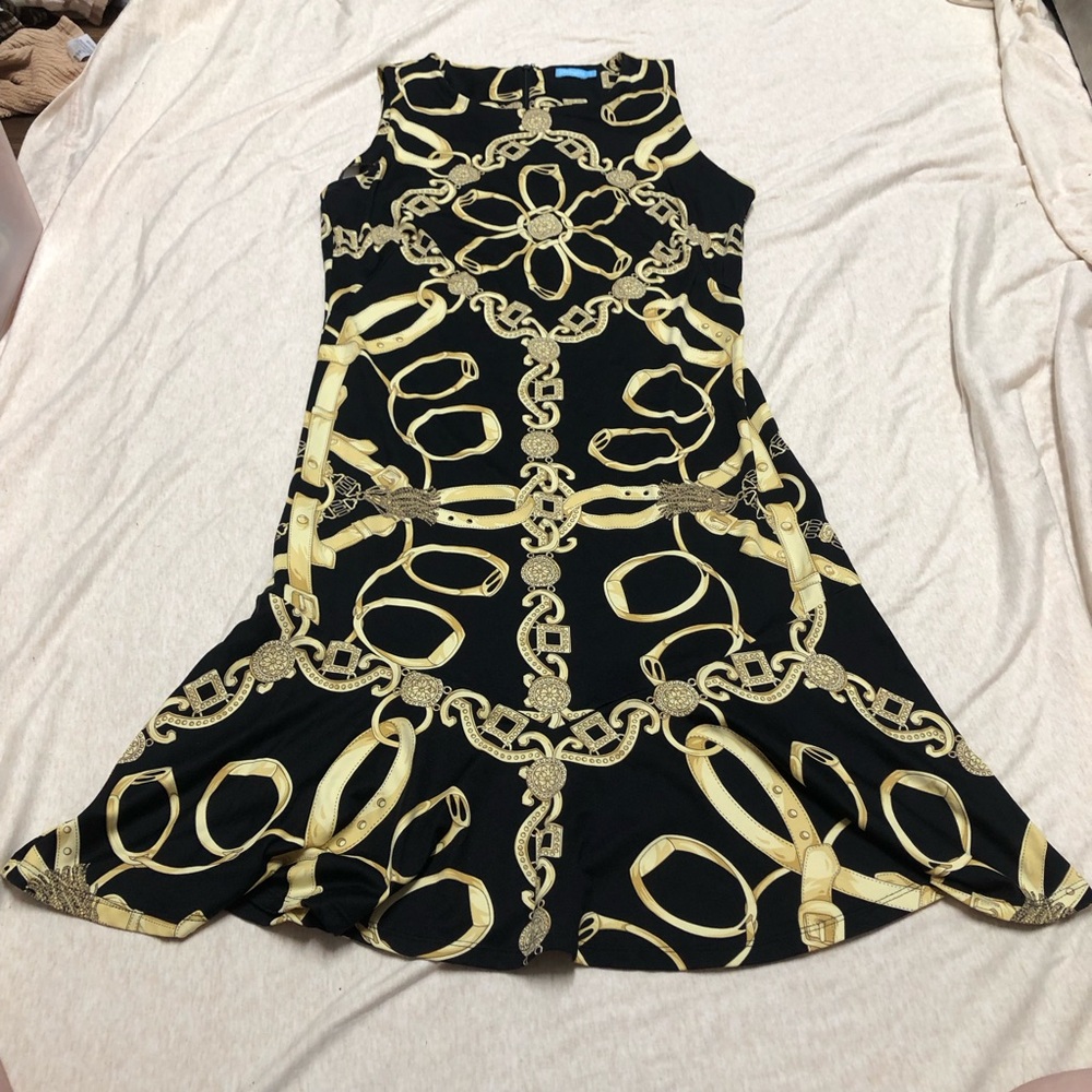 J. McLaughlin Catalina Cloth Equestrian Gold Chain Print Dress Flounce Hem